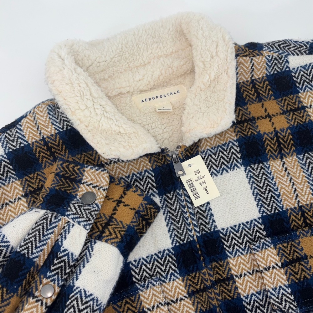 Aeropostale Mens Large‎ Plaid Sherpa Lined Full Zip Jacket Navy Tan New